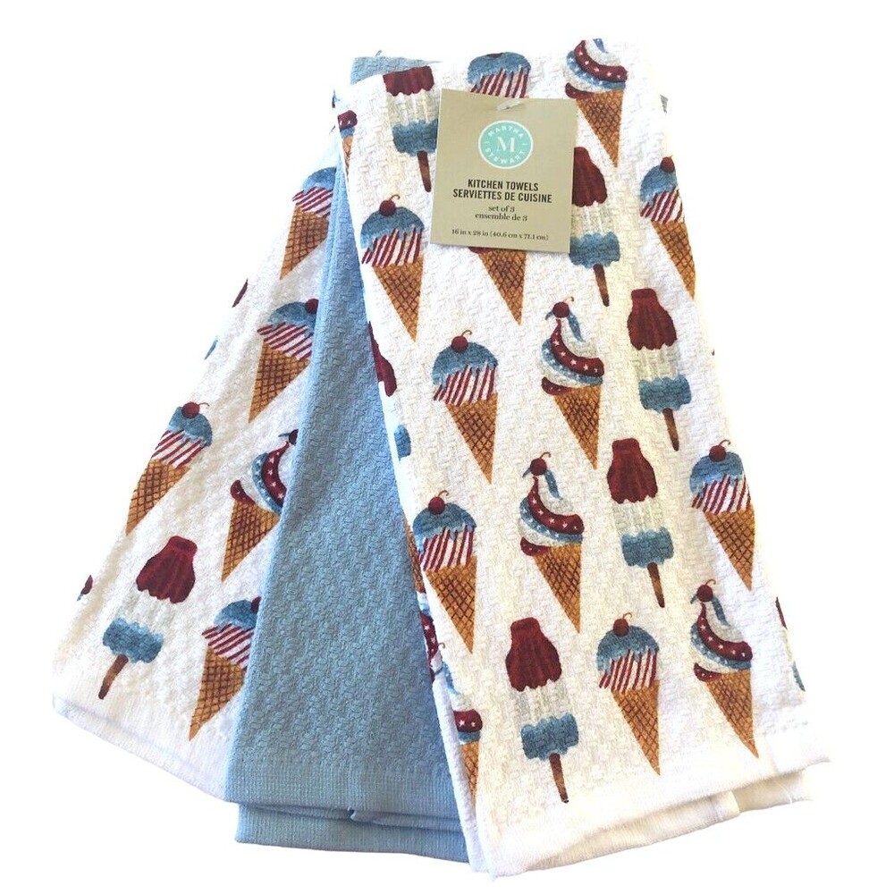 Martha Stewart Kitchen Dish Towels 4th Of July Red White Blue Ice Cream Set Of 3